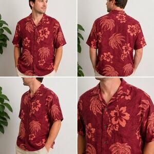 Tommy Bahama 100% Silk Hawaiian Camp Shirt Mens Large Red Floral Palm Trees
